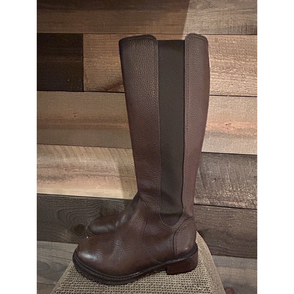 Tory Burch Christy 5M Brown Leather Tall Riding‎ Boot Stretch Top. Back Zipper
